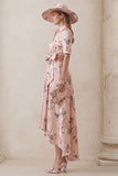 Floral Dusty Rose A Line Short Sleeve High Low Mother of the Bride Dress with Belt