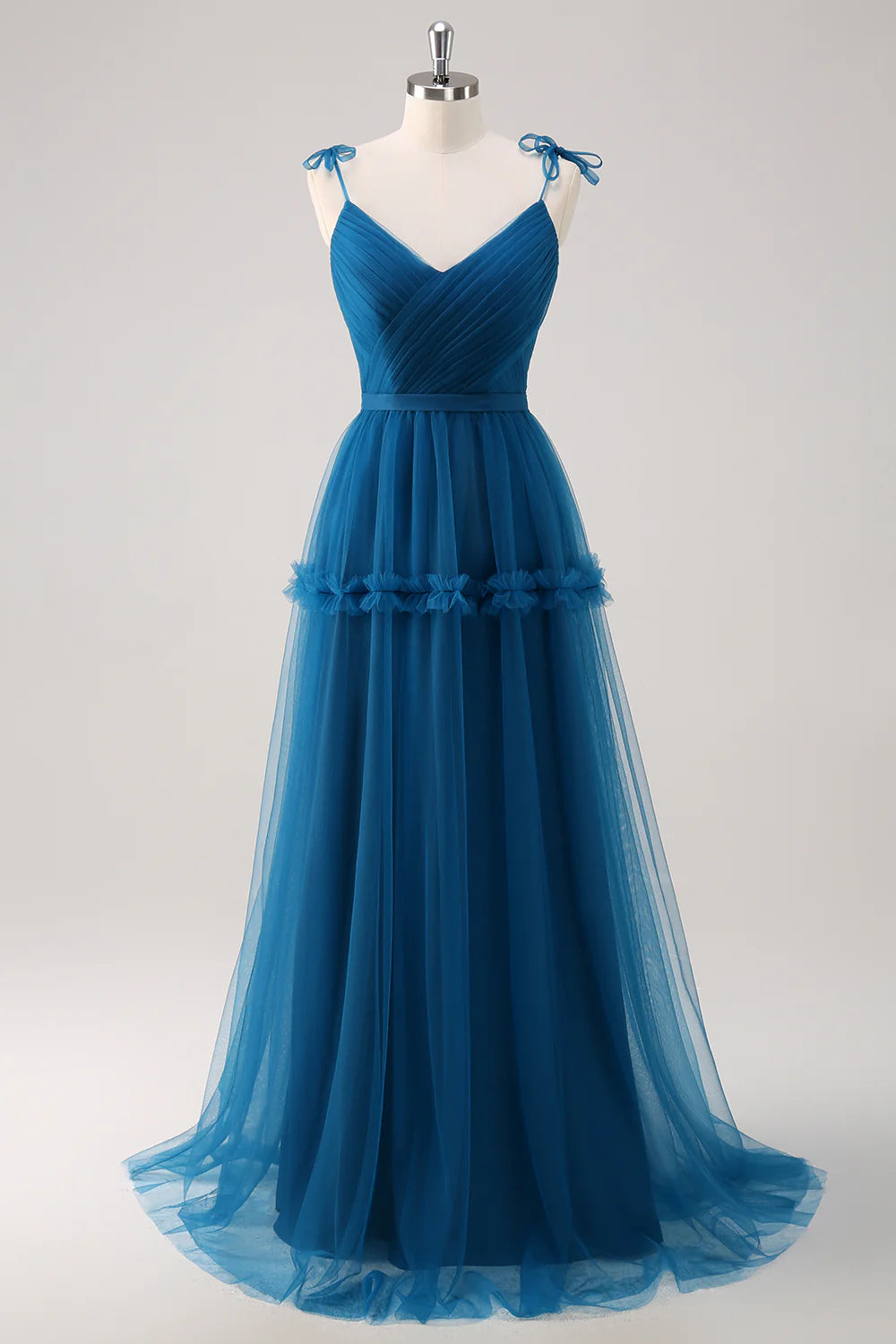 Dark Blue A Line Spaghetti Straps Ruched Long Tulle Bridesmaid Dress