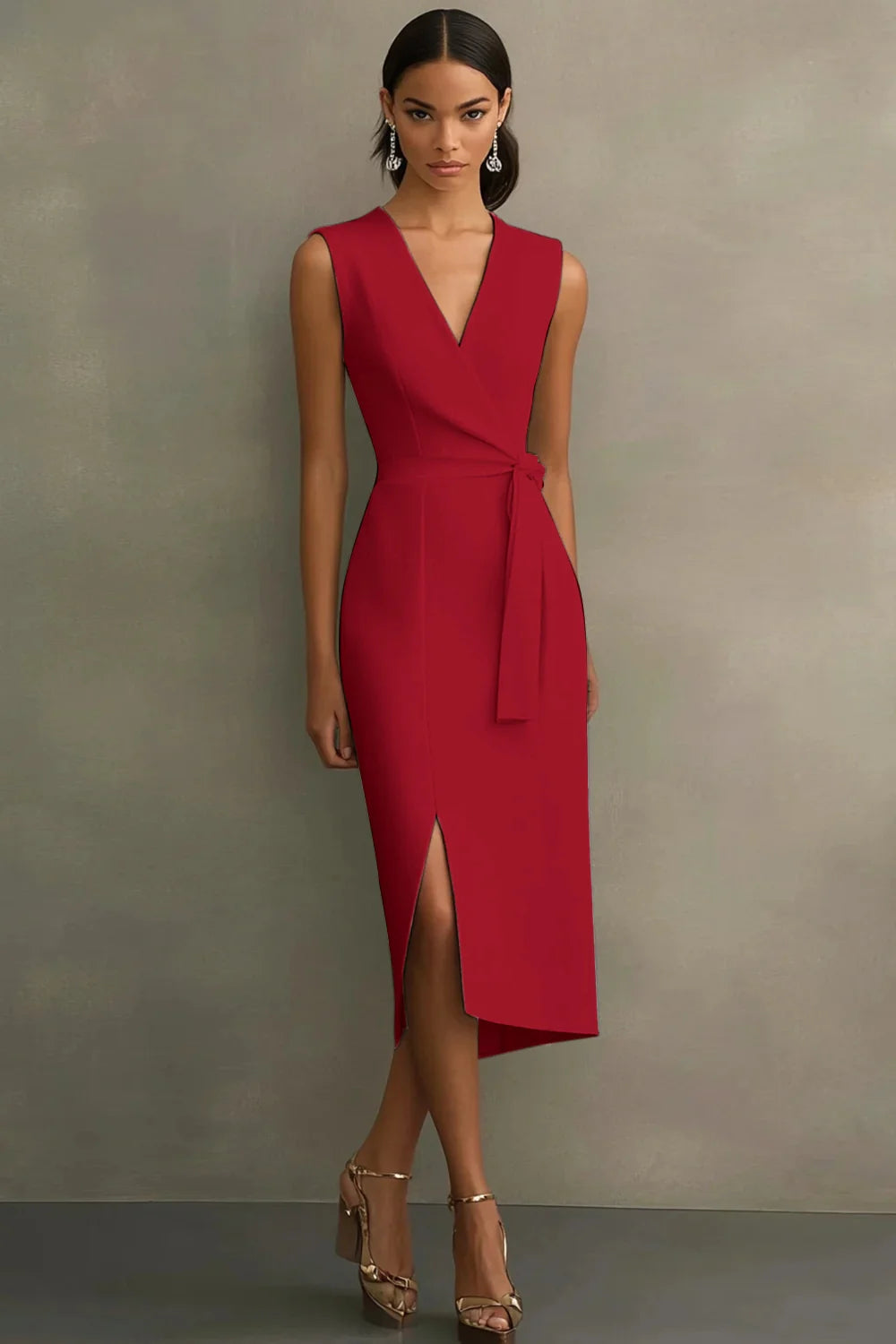 White Satin V Neck Work Dress with Belt