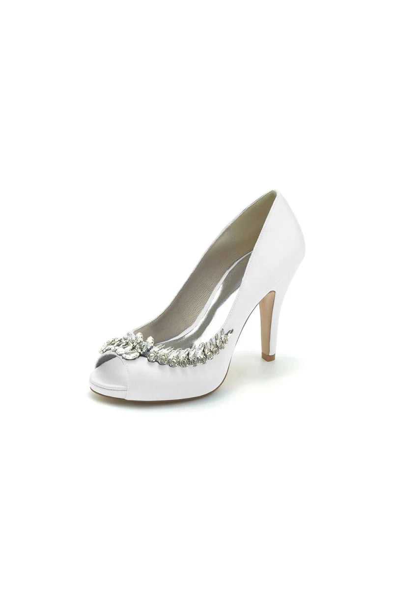 Satin Peep Toe Slip on Rhinestone High Heels