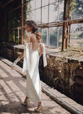 Simple Sheath Off The Shoulder Ankle Length Satin Wedding Dresses