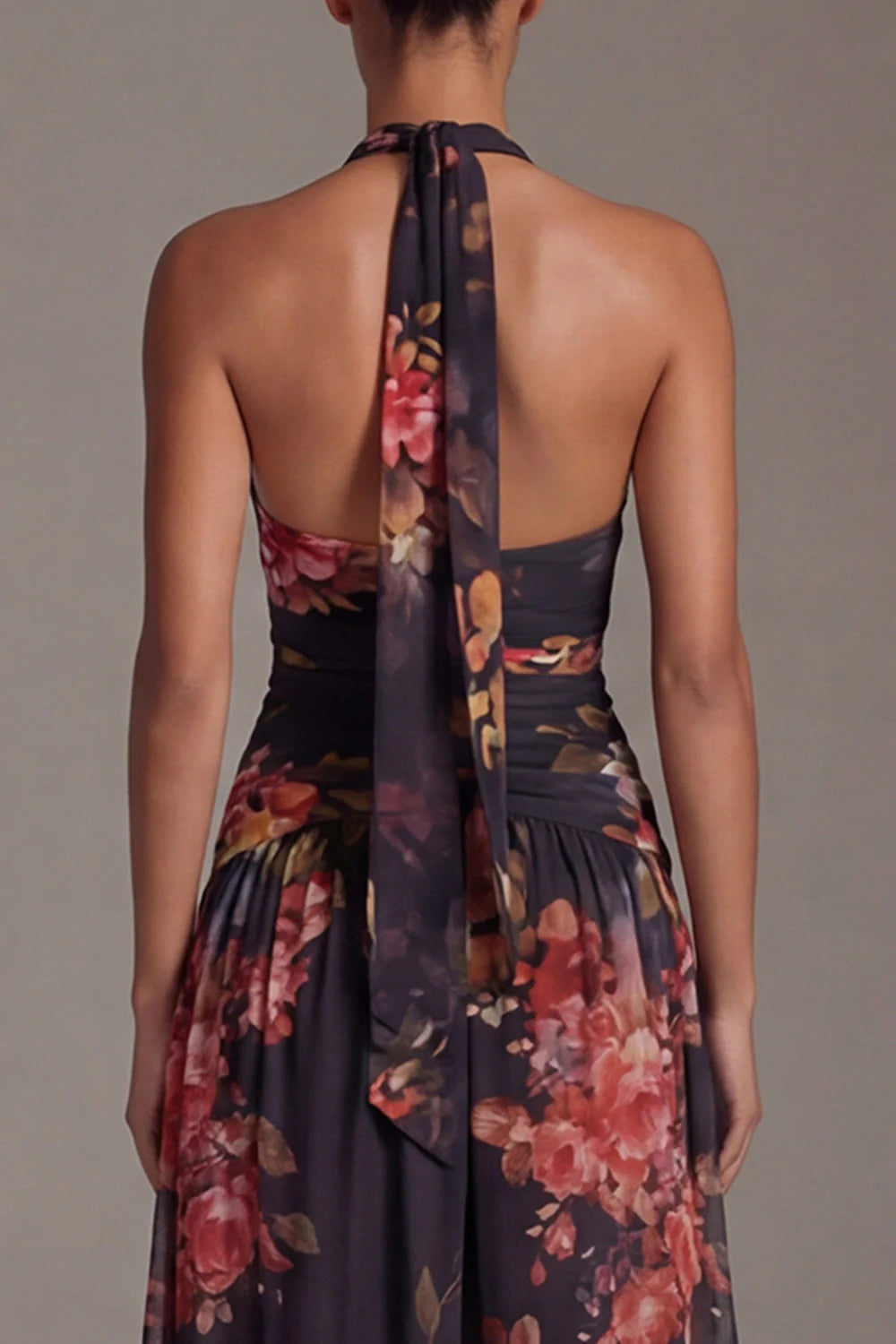 Halter Black A Line Printed Formal Dress with Slit