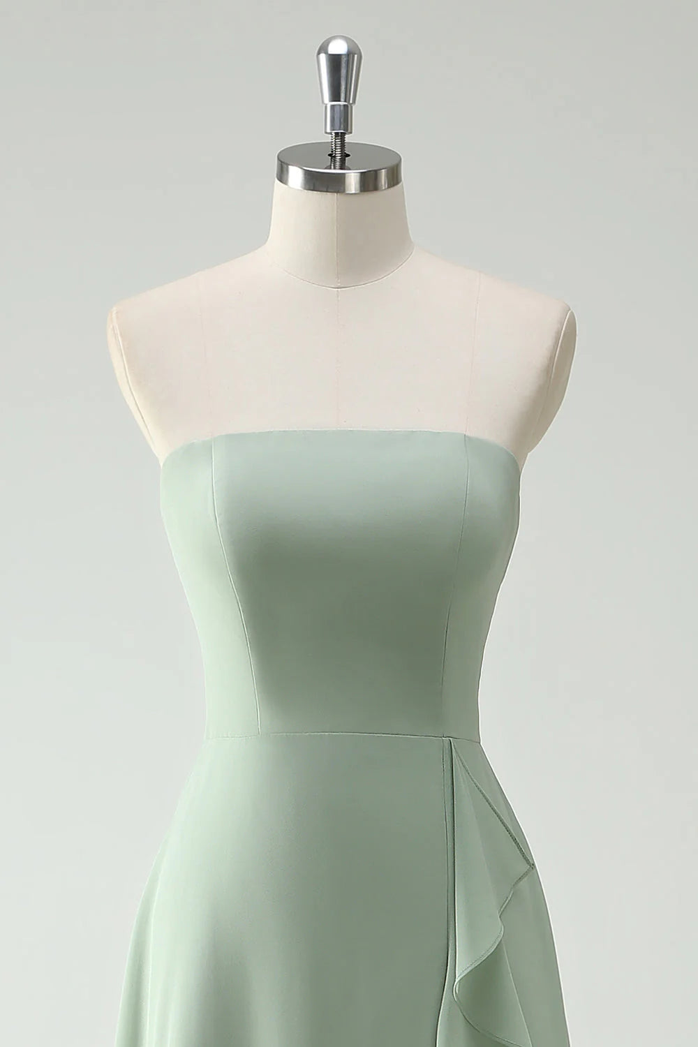 Dusty Sage A Line Strapless Chiffon Long Bridesmaid Dress with Ruffle Slit