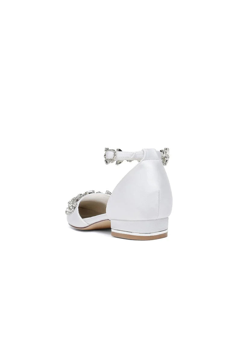 Pointed Toe Rhinestone Beaded Ankle Strap Kitten Heels