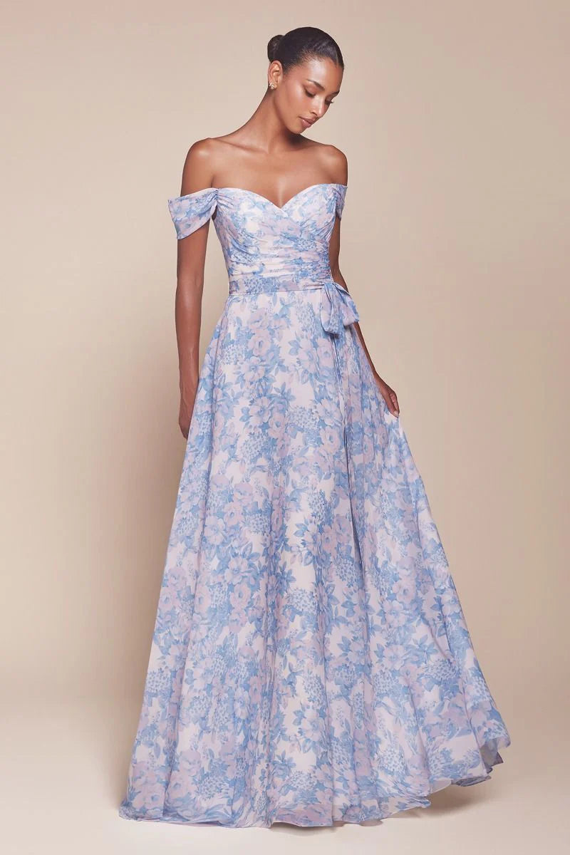 TILDA GOWN BLUE OFF THE SHOULDER FLORAL PRINTED A LINE DRESS