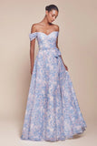 TILDA GOWN BLUE OFF THE SHOULDER FLORAL PRINTED A LINE DRESS