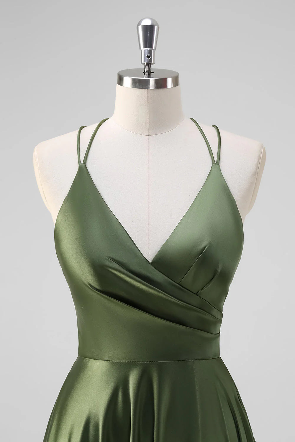Olive A Line Spaghetti Straps Ruched Satin Long Bridesmaid Dress