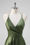 Olive A Line Spaghetti Straps Ruched Satin Long Bridesmaid Dress