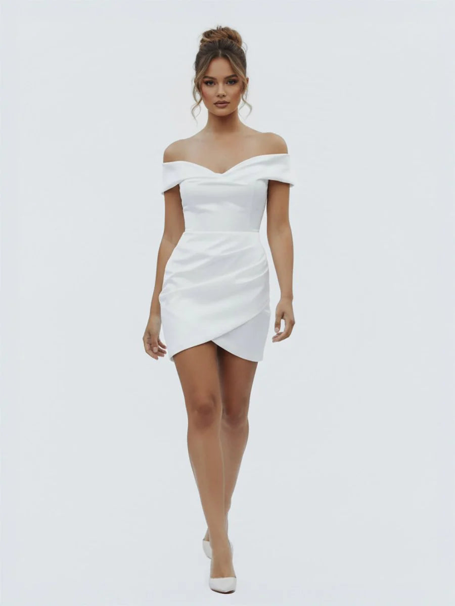 Sheath Off the Shoulder Satin Simple Wedding Dress Sleeveless Short Hemline