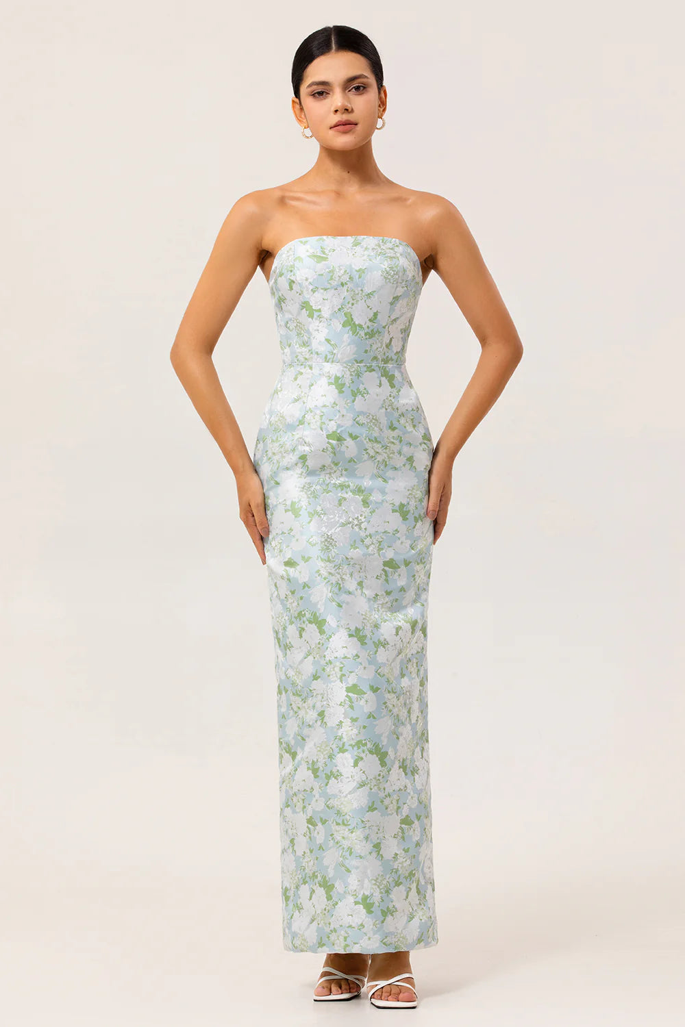 Blue Sheath Strapless White Floral Back Slit Satin Maxi Dress with Pockets