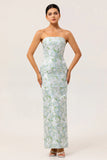 Blue Sheath Strapless White Floral Back Slit Satin Maxi Dress with Pockets