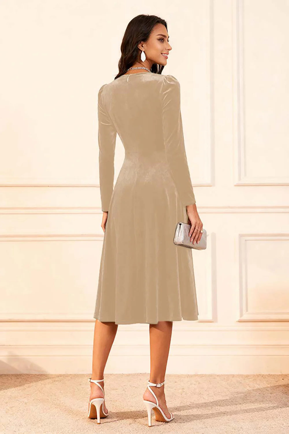 Dark Green A Line Velvet Long Sleeves Holiday Party Dress