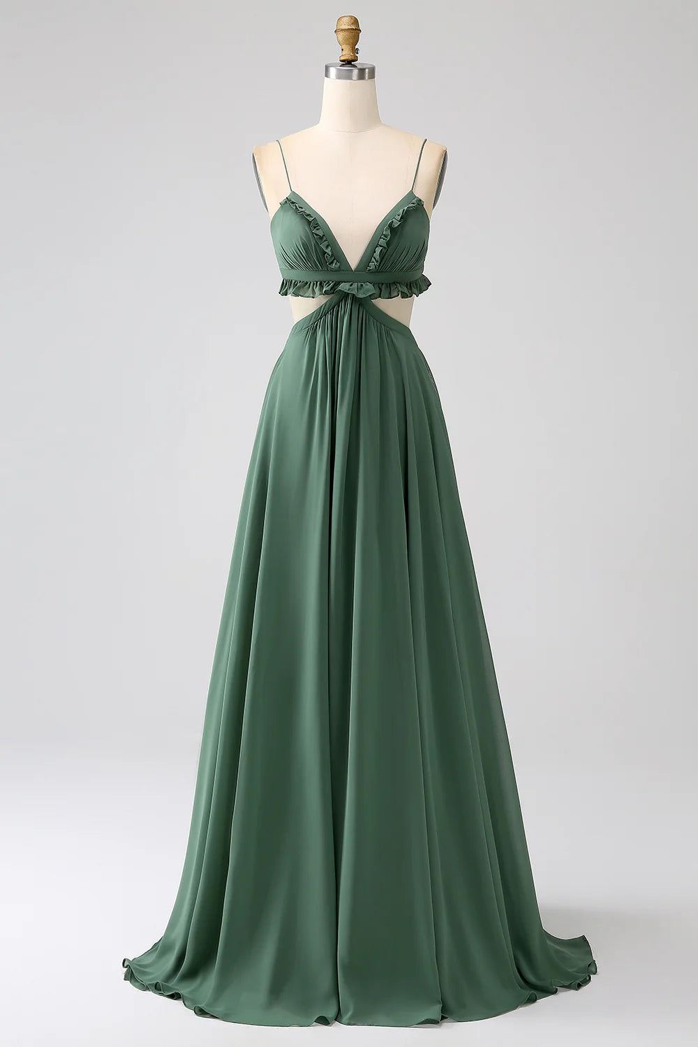 Eucalyptus A Line Spaghetti Straps Backless Chiffon Long Bridesmaid Dress