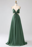 Eucalyptus A Line Spaghetti Straps Backless Chiffon Long Bridesmaid Dress