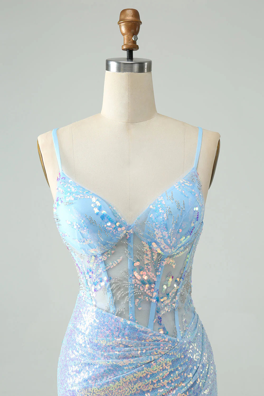 Glitter Light Blue Tight Spaghetti Straps Corset Short Homecoming Dress with Sequins