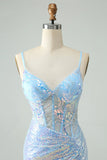 Glitter Light Blue Tight Spaghetti Straps Corset Short Homecoming Dress with Sequins