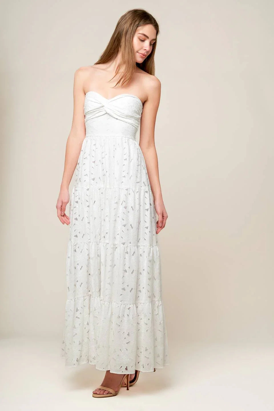 WISHING WELL STRAPLESS WHITE LACE MAXI DRESS