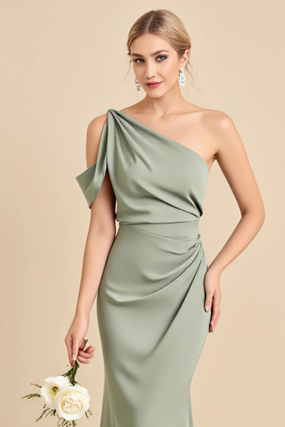 Matcha Sheath One Shoulder Chiffon Ruched Bridesmaid Dress