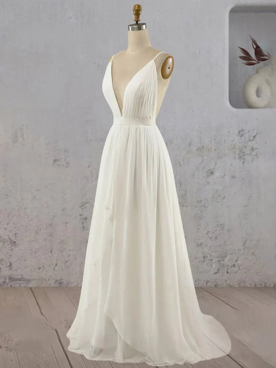A Line V Neck Straps Spaghetti Sheath Chiffon Wedding Dress