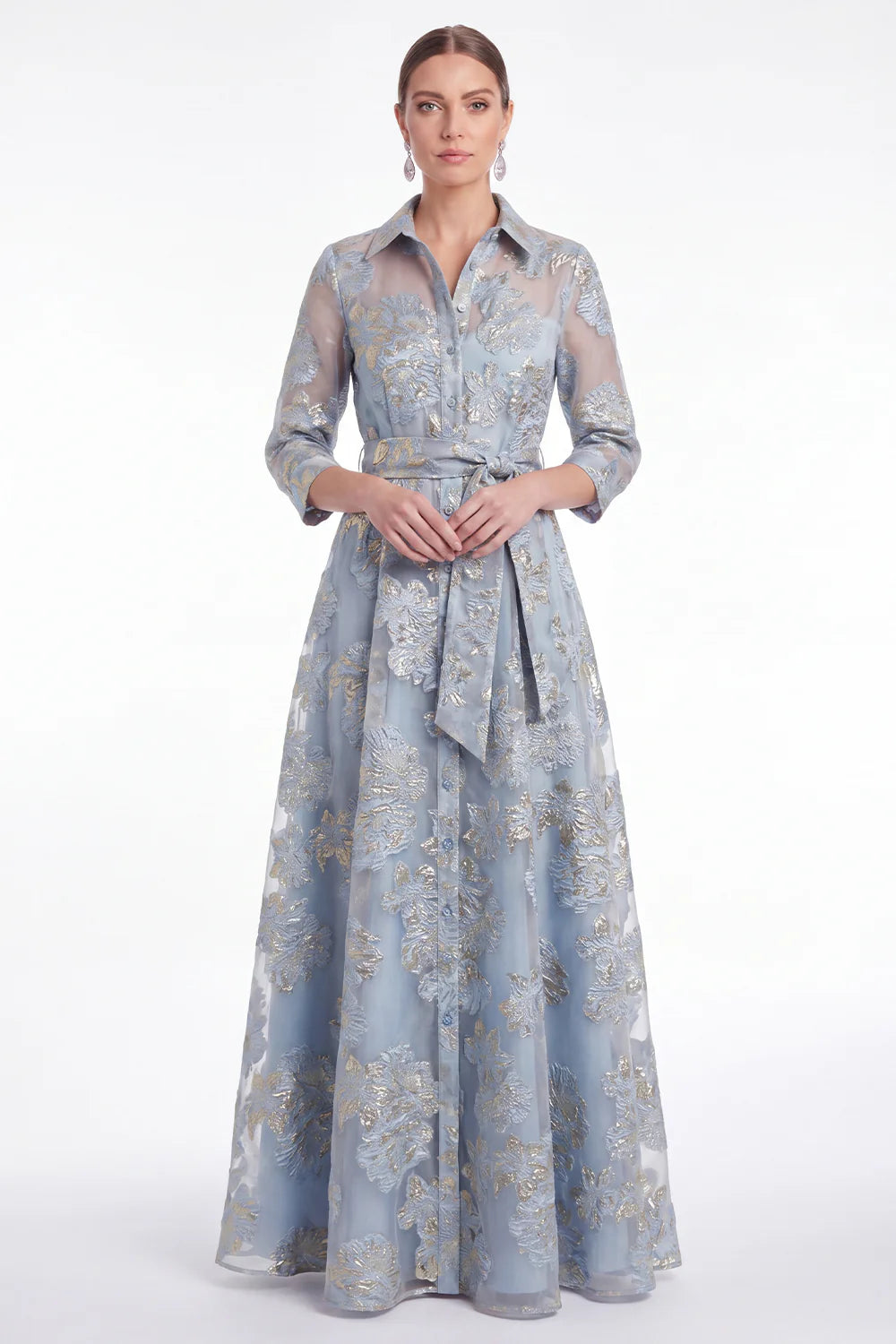 Gold Floral Jacquard A Line Collar Mother of the Bride Dress with 3 4 Sleeves