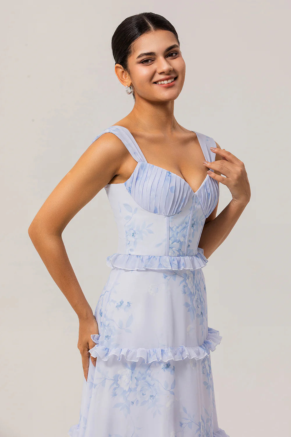 Blue A Line Chiffon Ruffle Print Floral Long Bridesmaid Dress with Lace Up Back
