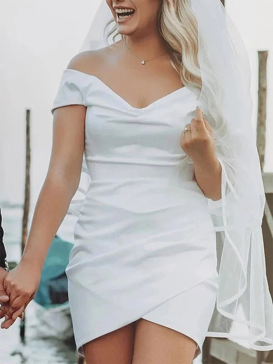 Sheath Off the Shoulder Satin Simple Wedding Dress Sleeveless Short Hemline