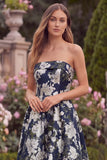 Strapless A Line Navy Floral Wedding Guest Dress