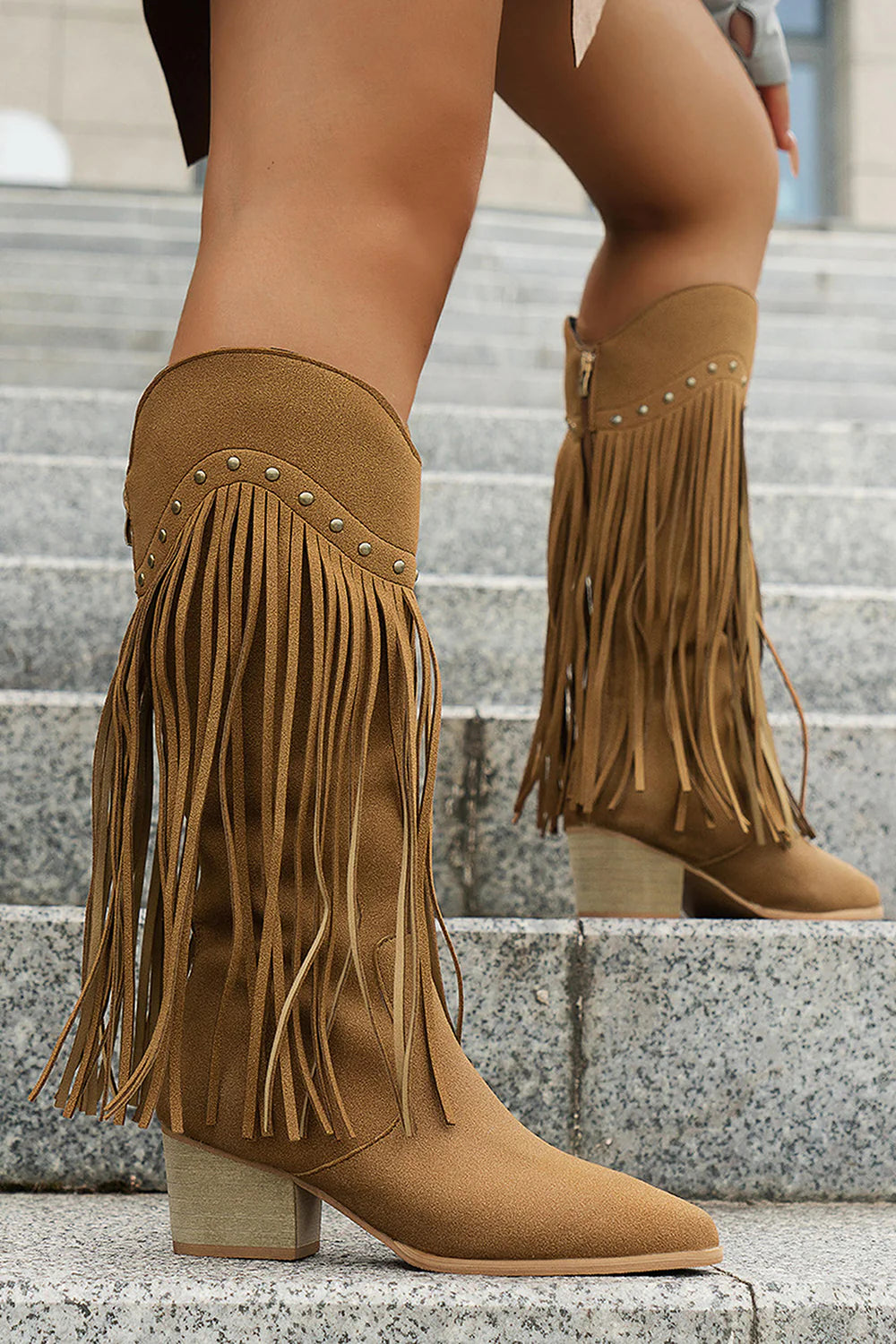 Black Fringe Studded Mid Calf Cowboy Boots