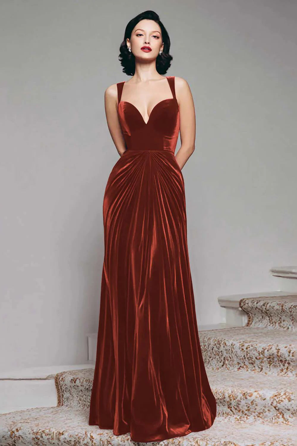 Black Velvet A Line Thick Straps Ruched Maxi Holiday Party Dress