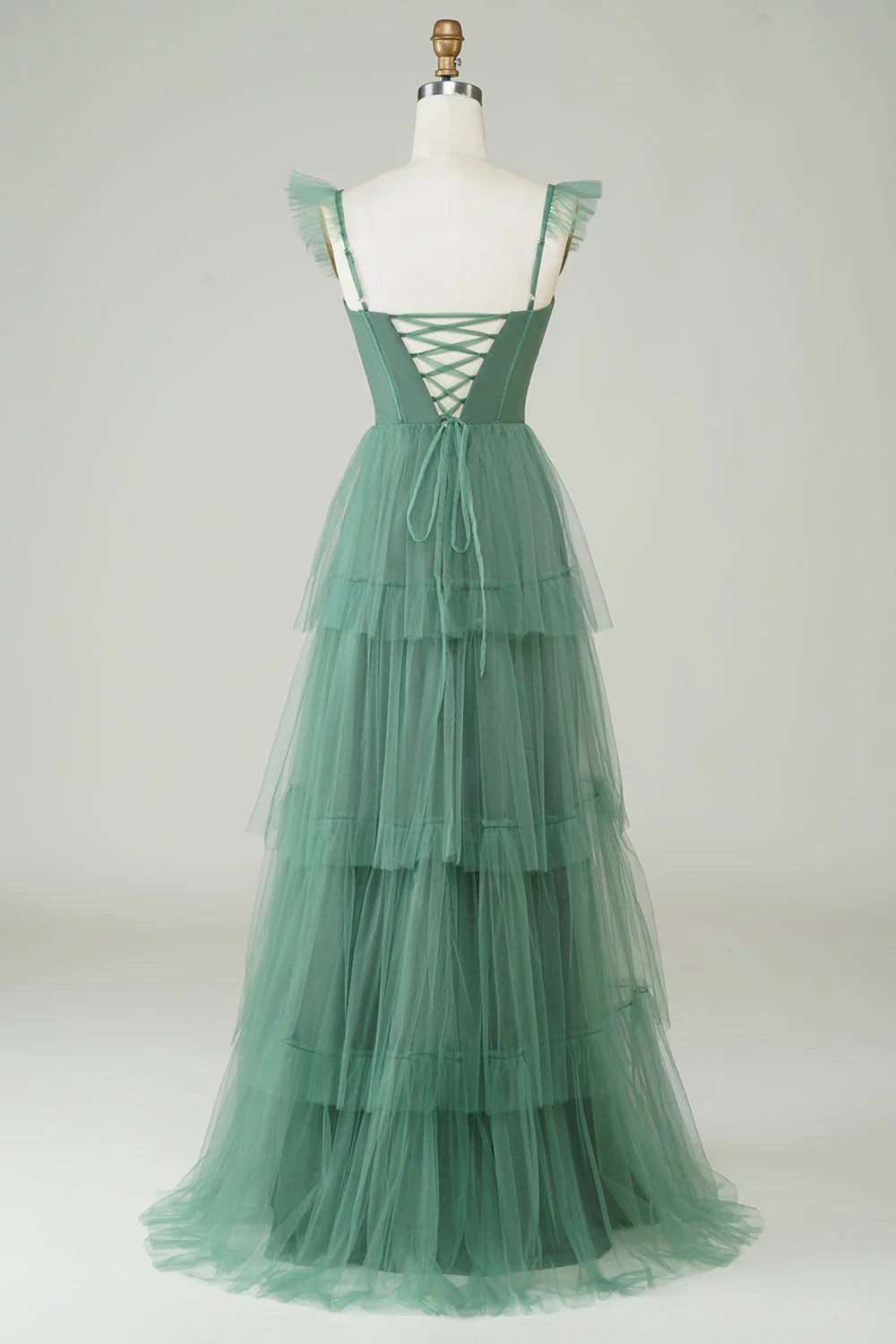 A Line Spaghetti Straps Tiered Floor Length Tulle Purple Bridesmaid Dress