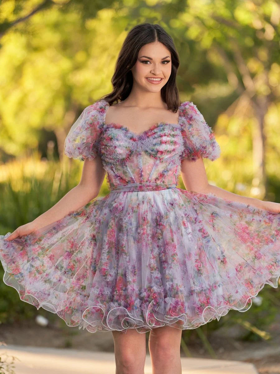 Ivana A Line Off the Shoulder Printed Tulle Short Homecoming Dress