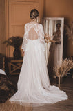 A Line Lace Top Flare Sleeves Open Back Wedding Dress