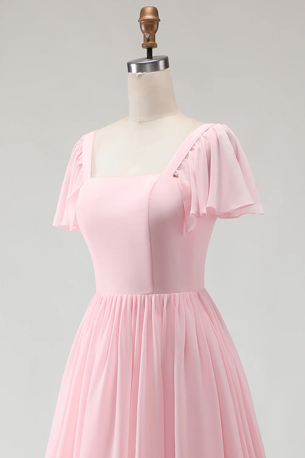 Candy Pink A Line Flutter Sleeves Long Bridesmaid Dress with Lace Up Back