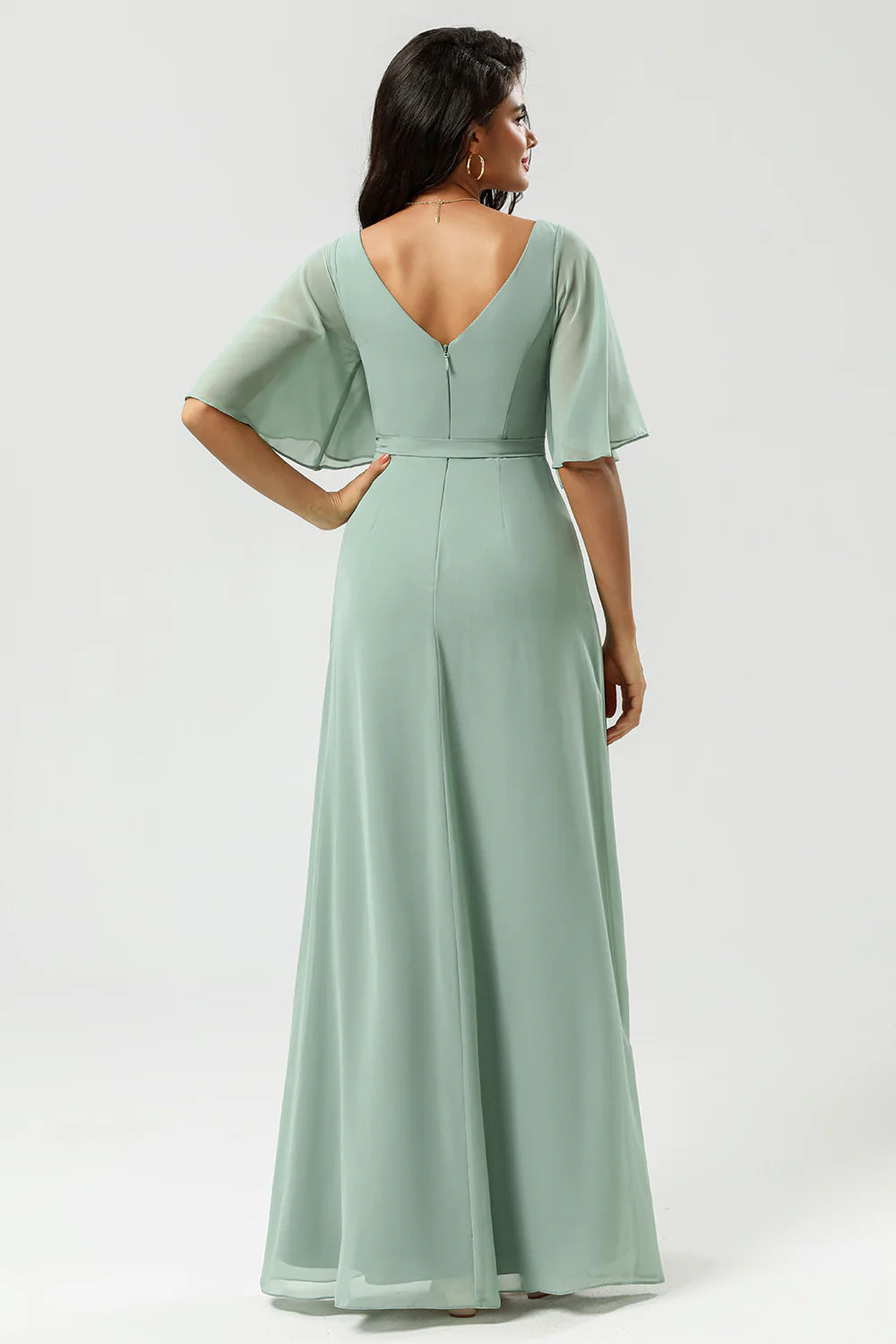 A Line V Neck Long Chiffon Matcha Bridesmaid Dress with Slit