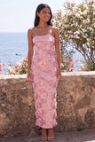 Pink Strapless 3D Flower Sheath Wedding Guest Dress with Slit