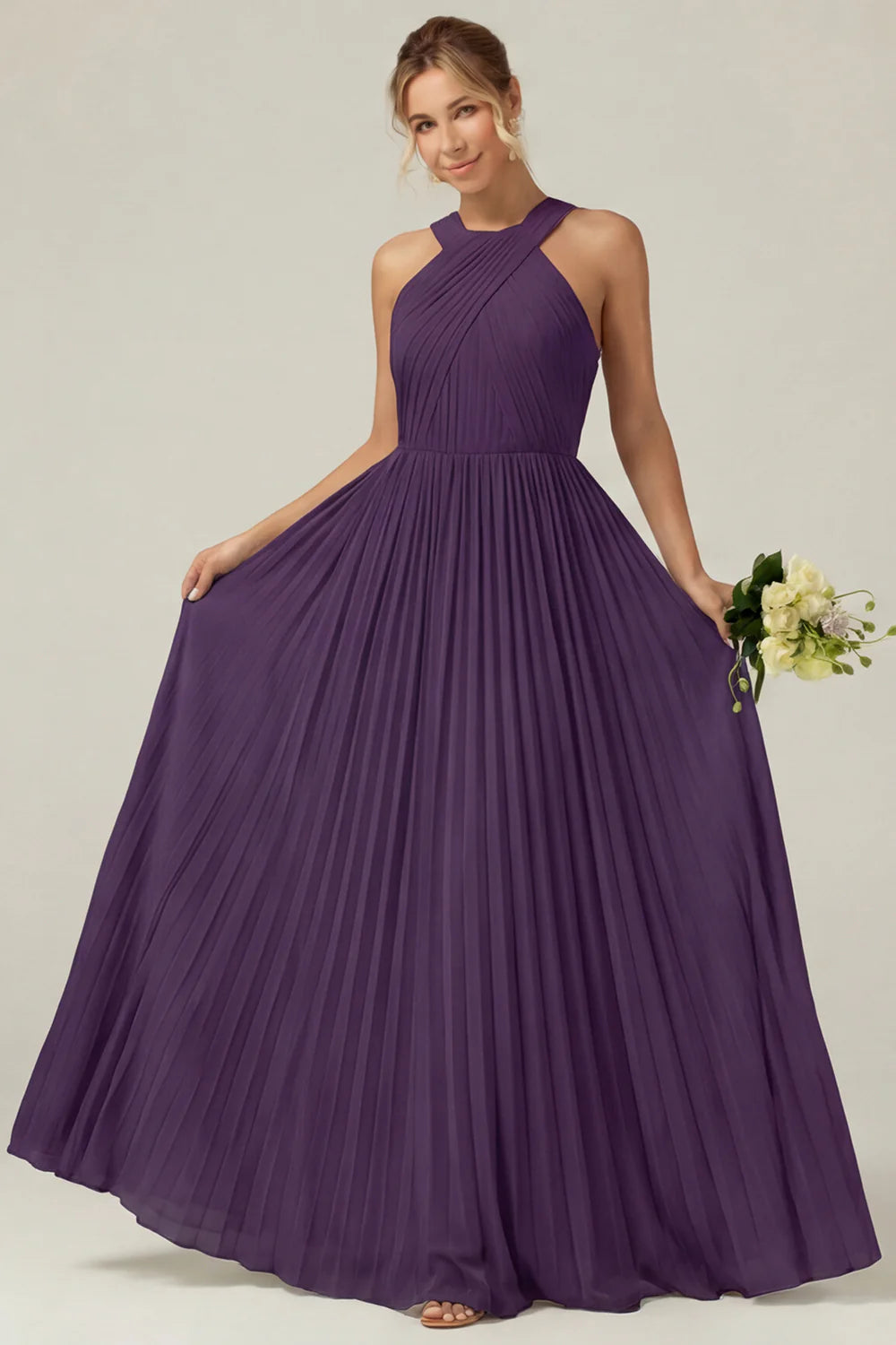 Dusty Sage A Line Halter Pleated Long Bridesmaid Dress
