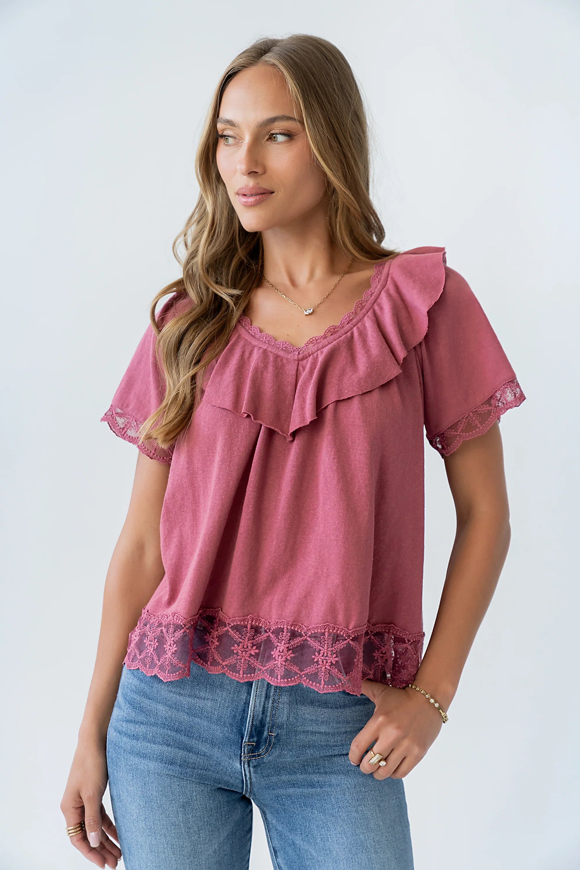 Lilian Lace Trim Top in Berry