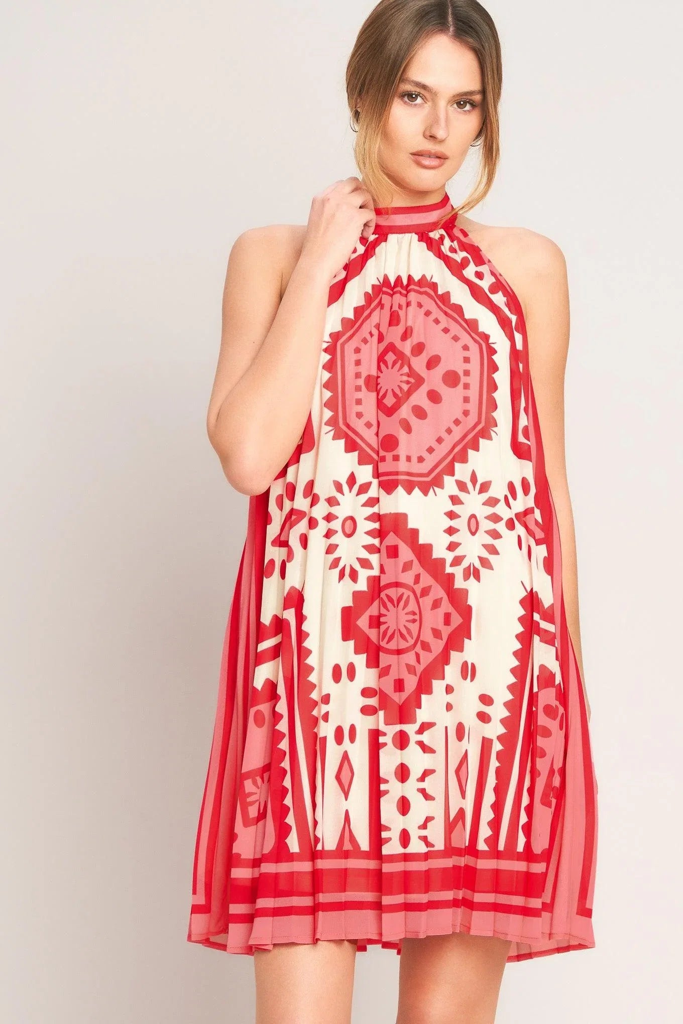 SUNSET MEDALLION PLEATED MINI DRESS