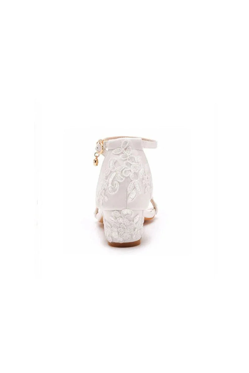 Elegant White Lace Open Toe Ankle strap Block Heels