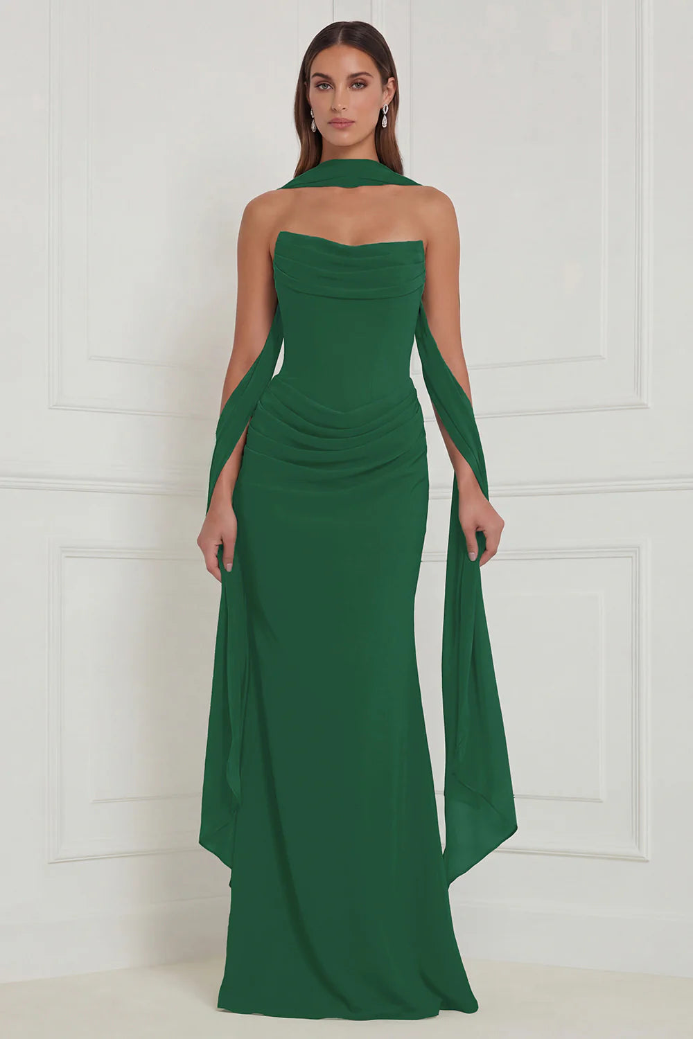 Strapless Ruched Sage Bridesmaid Dress with Scarf