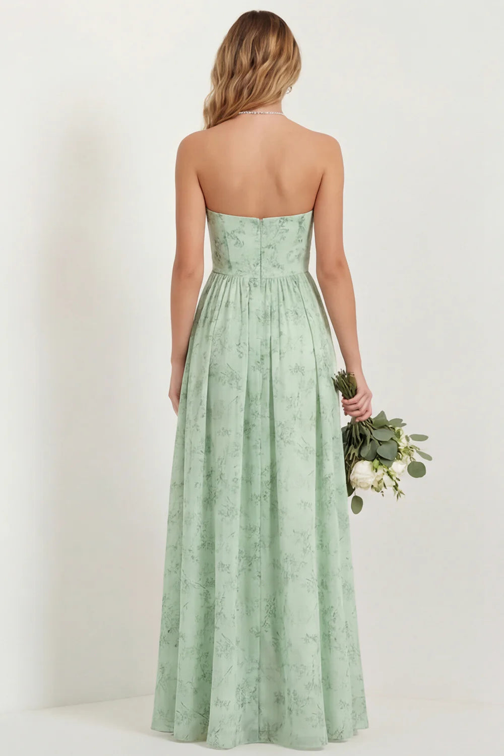 Green Flower A Line Strapless Long Bridesmaid Dress