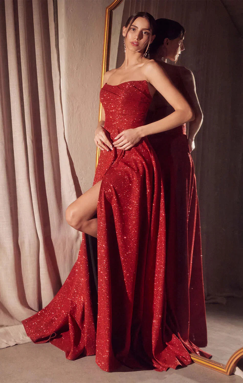 Quinn Gown Long Strapless Glitter A line Dress