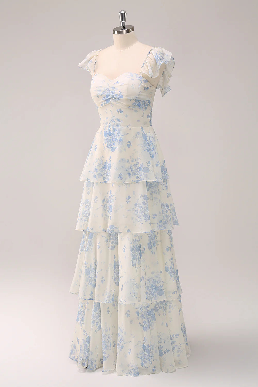 White Blue Floral A Line Off The Shoulder Tiered Print Bridesmaid Dress