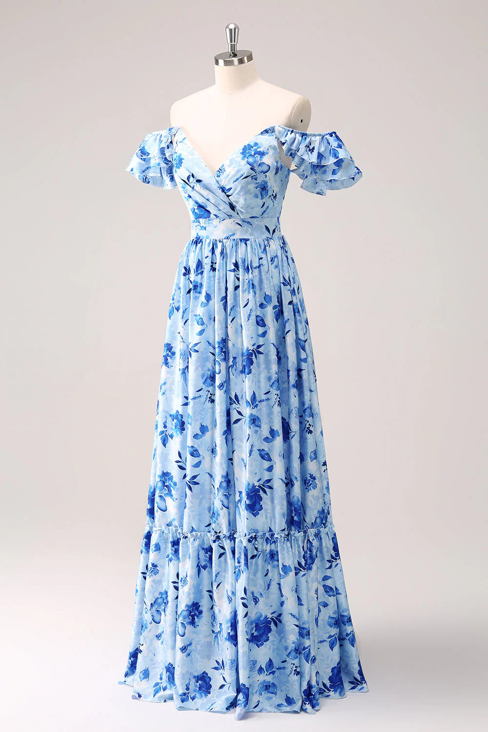 Blue A Line Off The Shoulder Print Floral Ruched Long Bridesmaid Dress