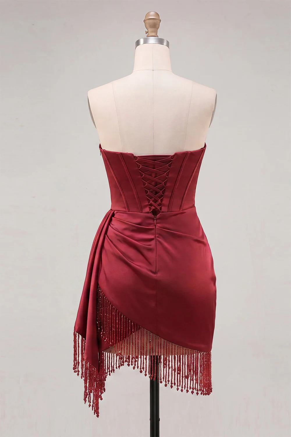 Strapless Fuchsia Fringed Ruched Bodycon Corset Homecoming Dress