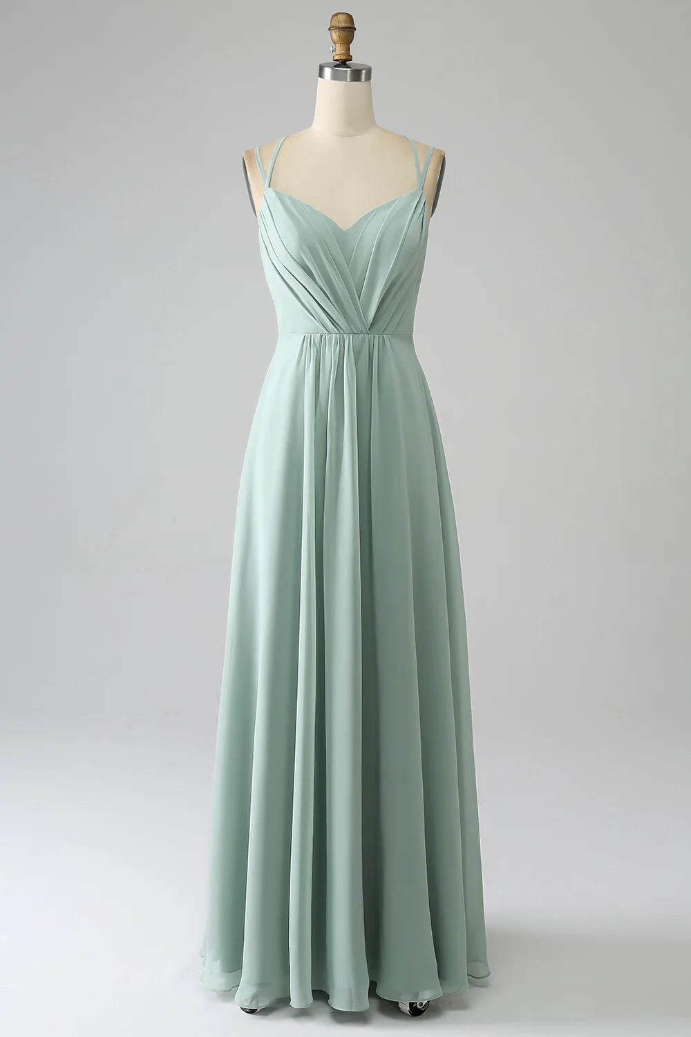 Matcha A Line Spaghetti Straps Pleated Chiffon Floor Length Bridesmaid Dress