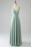 Matcha A Line Spaghetti Straps Pleated Chiffon Floor Length Bridesmaid Dress