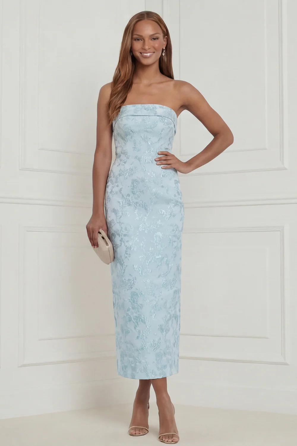 Sky Blue Sheath Strapless Jacquard Midi Wedding Guest Dress