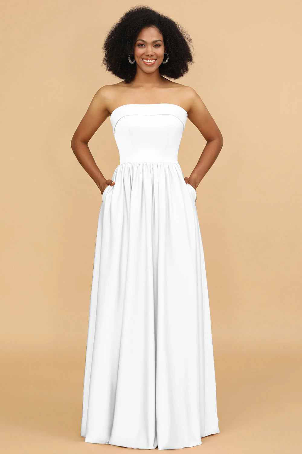 A Line Strapless Satin Floor Length Bridesmaid Dress with Pockets