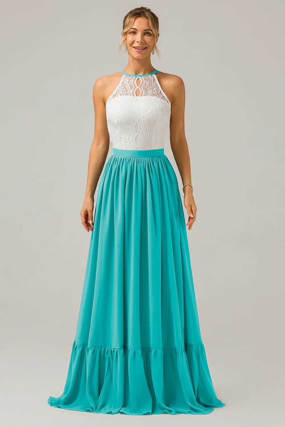 A Line Halter Pleated Keyhole Chiffon Bridesmaid Dress With Lace